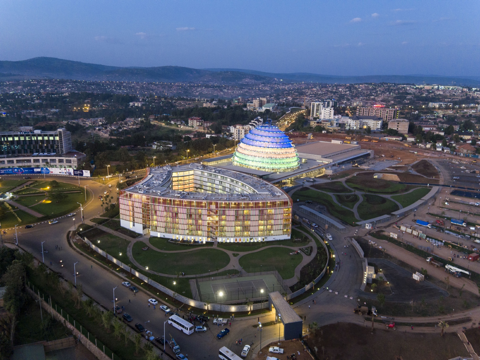 Night-time aerial view of completed Hotel, Dome structure and environs (summa.com.tr)