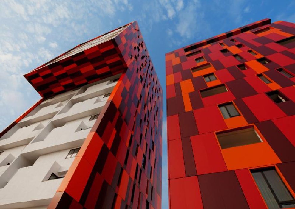 Close-up of Red Kente-patterned facade on completed 17 storey Azure Tower showing facade installed underneath cantilever floor (livinspaces.net)