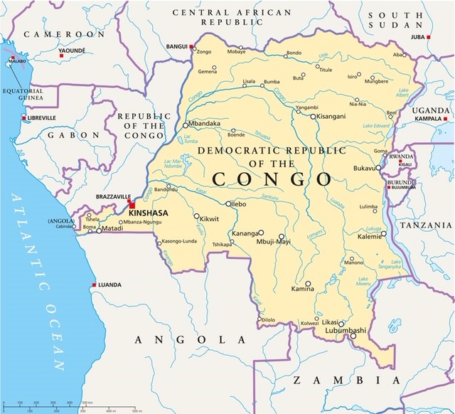 Map of Congo showing capital Kinshasa, important cities and Atlantic Ocean coastline on the east (Peter Hermes Furian | Dreamstime)