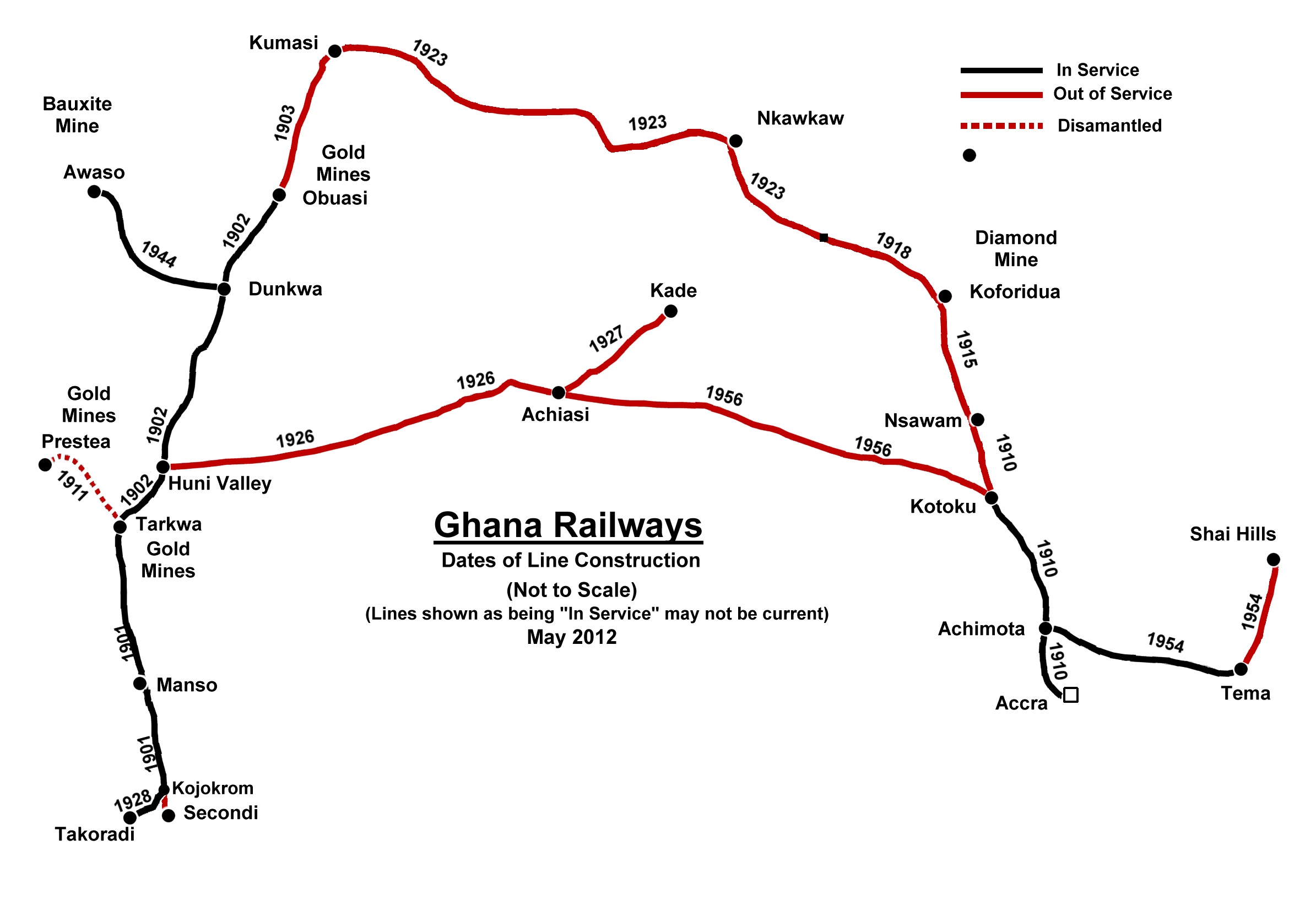 Railway network of Ghana showing dates of dates of constructed railway lines (Railwaybob | Wikimedia Commons)