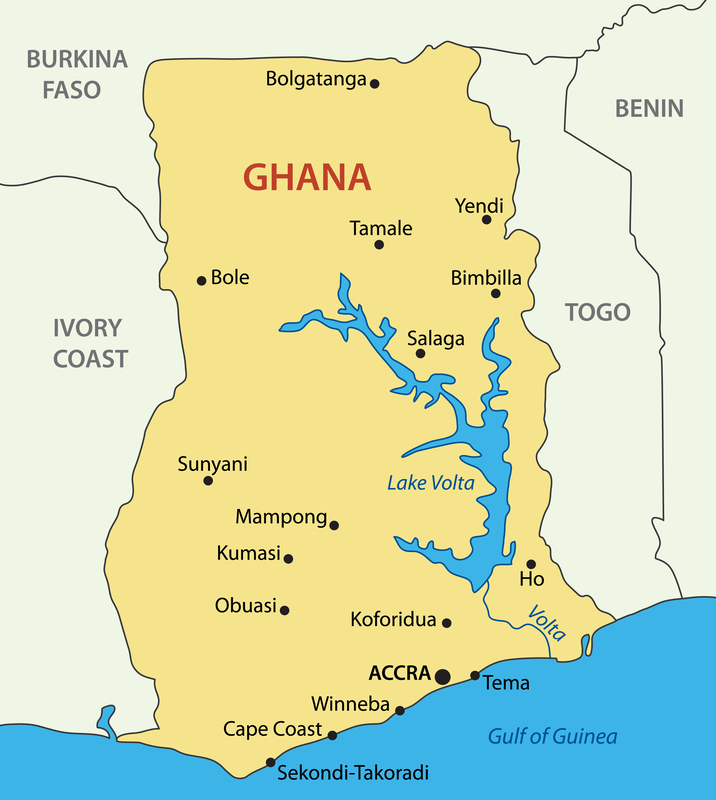 Map of Ghana showing location of Sunyani (Mycolors | Dreamstime)