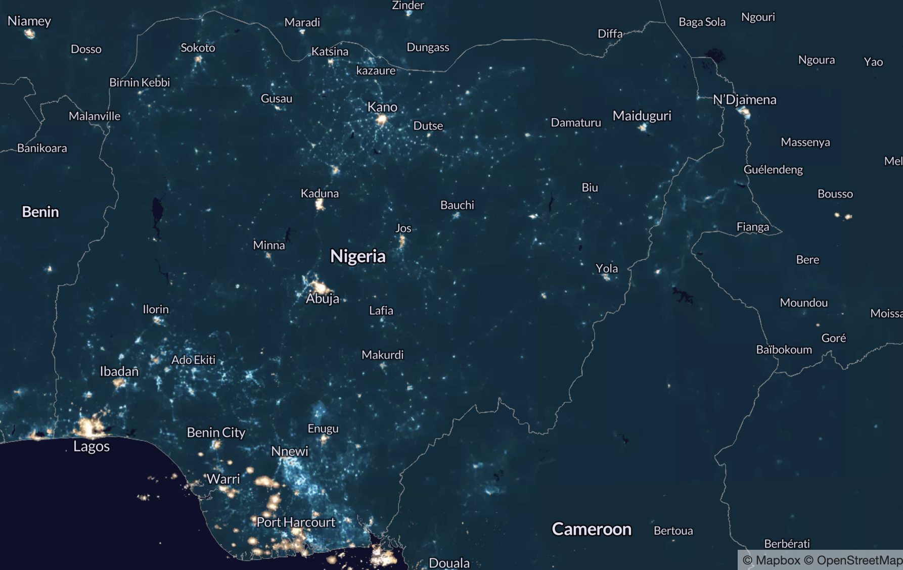 Illustration of nighttime lights in Nigeria, published by the World Bank
