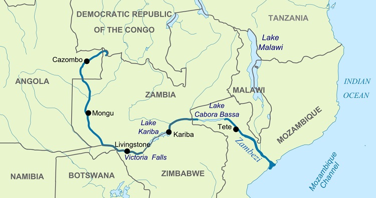 Course of the Zambezi River, with national boundaries (Hel-hama | Wikimedia Commons)